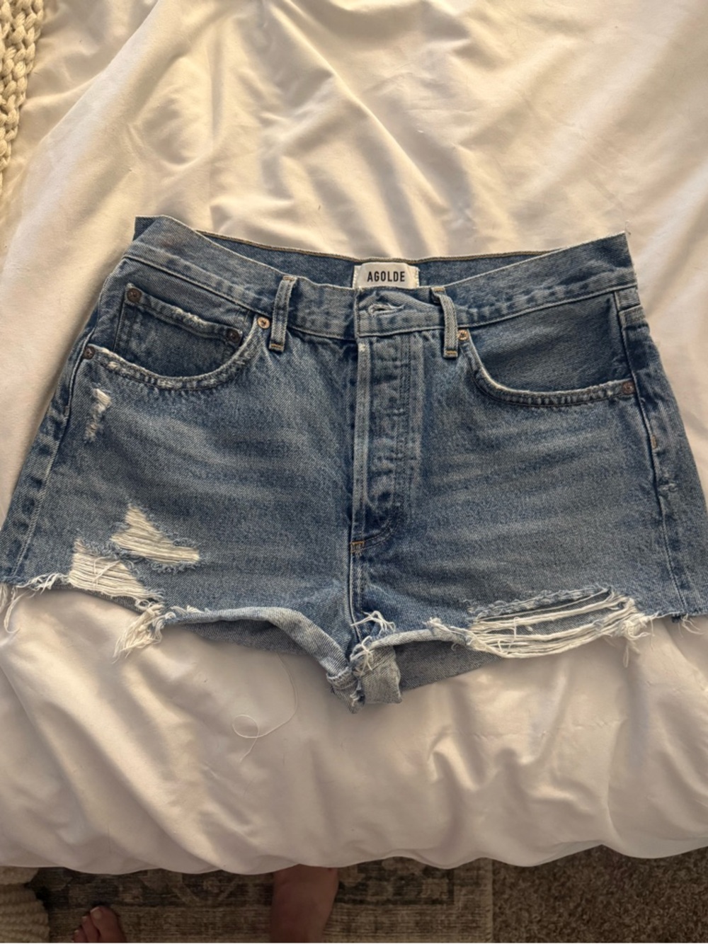 Agolde Light Blue Ripped High-Rise Denim Shorts